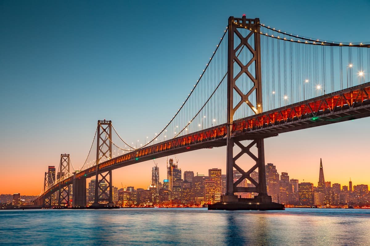 San Francisco skyline with Oakland Bay Bridge at sunset, California, USA